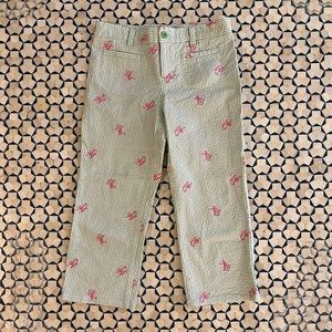 Lilly Pulitzer Girls Green Seersucker Capri Pants with Pink Monkeys size 10